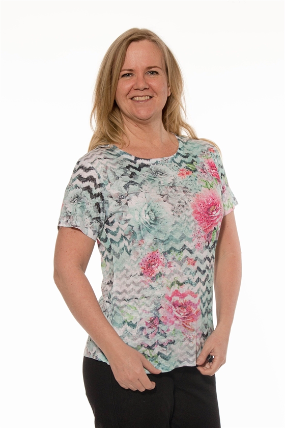 Mudflower T-shirt dame i turkis med pink blomster