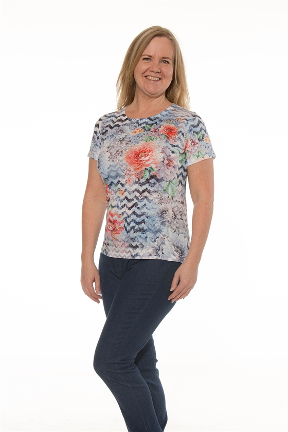 Mudflower T-shirt dame i blå med coral blomster 