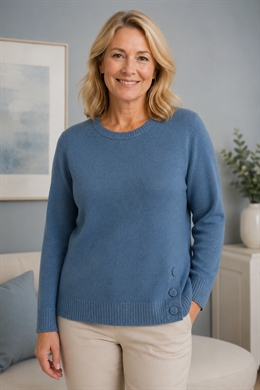 Lun Marinello dame strik i meleret denimblå med sølvglimmer på rib og hals.