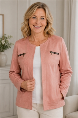 Selskabelig jakke i rosa imiteret ruskind