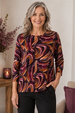 Marinello T-shirt dame i blommefarver cirkelmønster med 3/4 ærme