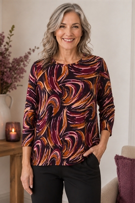 Marinello T-shirt dame i blommefarver cirkelmønster med 3/4 ærme