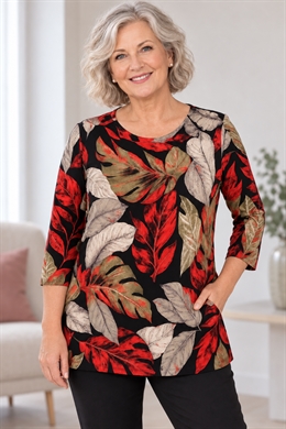 Michael Gold polyester bluse med røde og grønne blade 