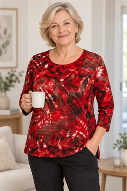 Michael Gold polyester bluse med gråt og rødt mønster