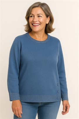 Lun Marinello dame strik i meleret denimblå med sølvglimmer på rib og hals.
