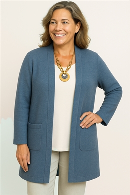 Marinello lun lang striktrøje i meleret jeansblå med lommer