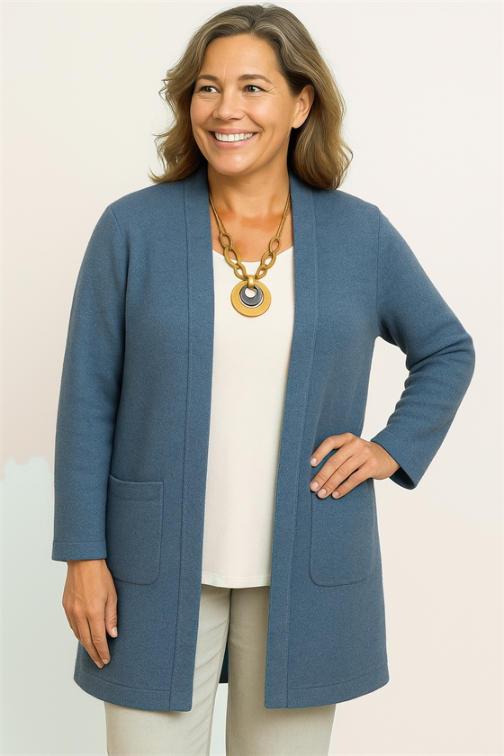 Marinello lun lang striktrøje i meleret jeansblå med lommer