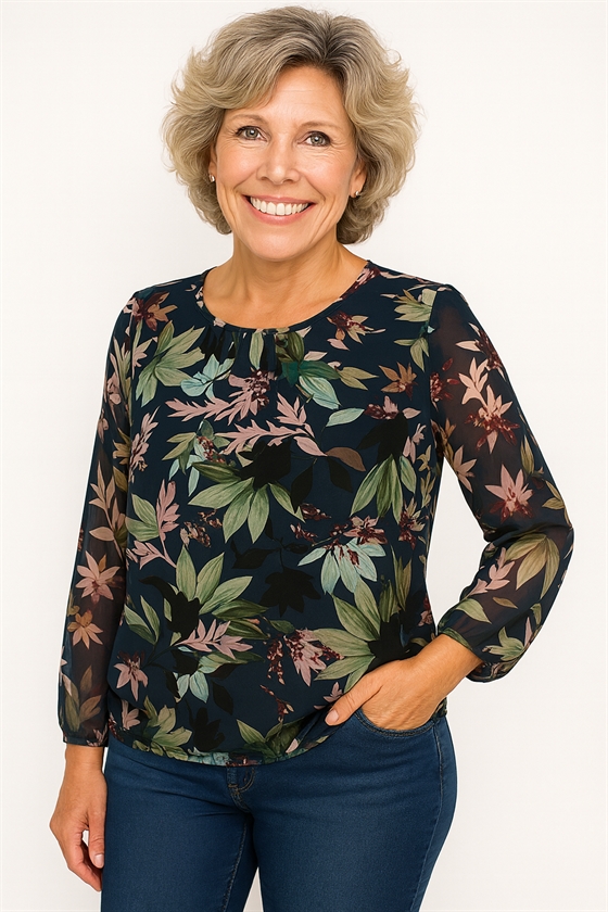 MXO Langærmet bluse med bladmønster i chiffonagtigt stof