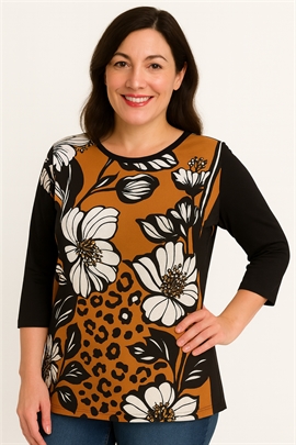 MXO Orange blomster t-shirt med sorte ærmer