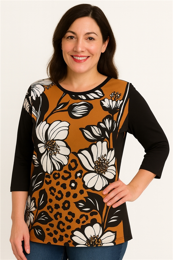 MXO Orange blomster t-shirt med sorte ærmer