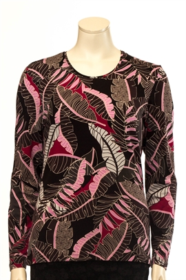 Gabriella K T-shirt dame med blad mønster i pink og lange ærmer