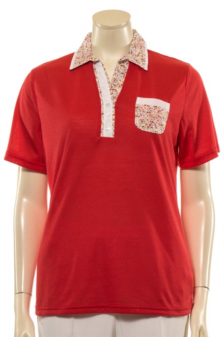 Modflower Coralfarvet polo shirt dame med blomsterkrave