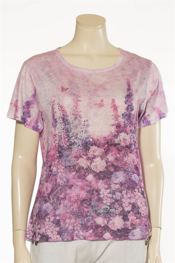 Mudflower T-shirt dame i lilla med små sten og blomster