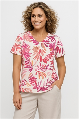 Gabrielle K T-shirt dame i  rosa blomstermønster med korte ærmer