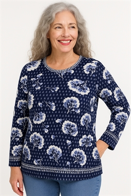 Signature T-shirt i blå med blomster og lange ærmer