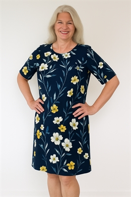 Billig sommerkjole i marine med gule blomster