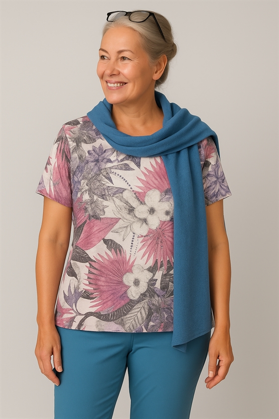 Mudflower T-shirt med store blomster og sten i - pink