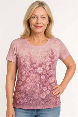 Modflower T-shirt i lyserød med små sten og blomster