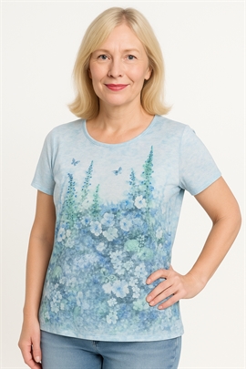 Mudflower T-shirt i blå med små sten og blomster 