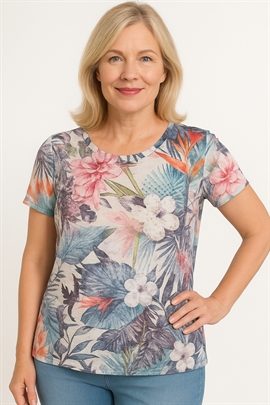 Mudflower T-shirt med store blomster og sten - multi