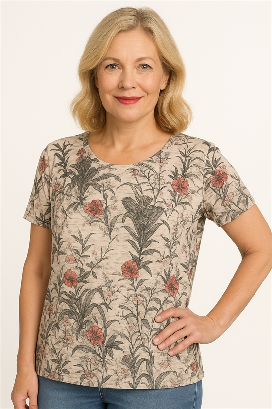 Mudflower t-shirt med sandfarvet bund, blomster og små påsatte sten