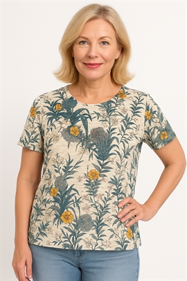 Mudflower off white dame t-shirt med blomster og små sten