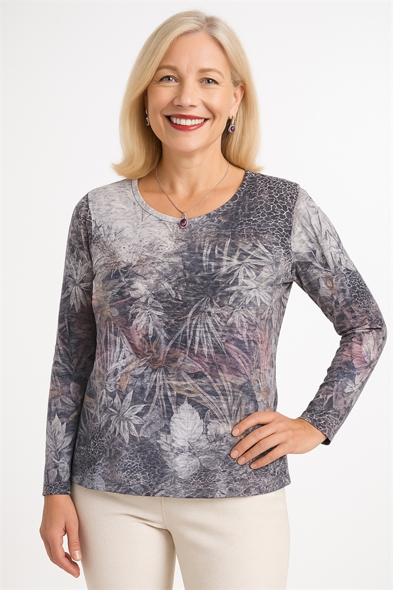 T-shirt i flotte lilla pastel farver med små sten og lange ærmer