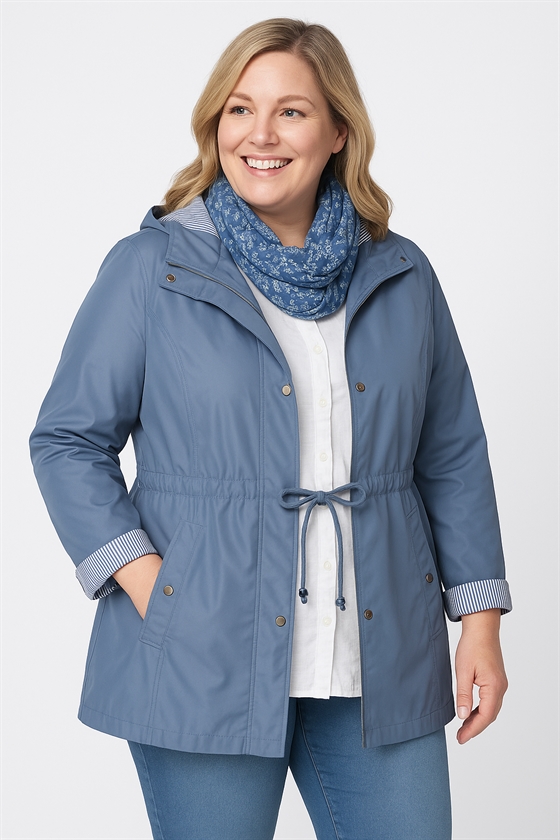 Plus size forårsjakke fra Conos i lysblå med stribet fo