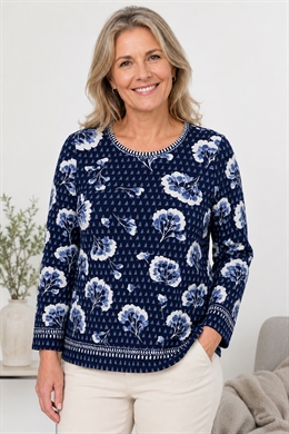 Signature T-shirt i blå med blomster og lange ærmer