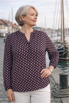 Christy dame skjorte med kinakrave i marine med pink firkanter - lange ærmer