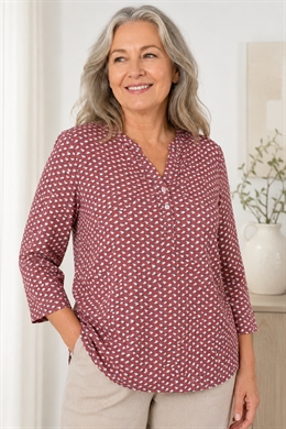 Christy dame skjorte med kinekrave i rosa med mønster - 3/4 ærmer