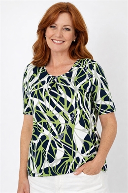 Gabrielle K T-shirt dame i hvidt/sort/grønt moderne mønster med korte ærmer