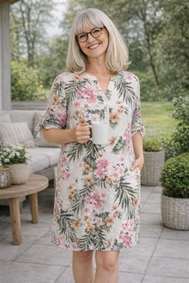 Lea H hørkjole / lang tunika i khaki og rosa mønster