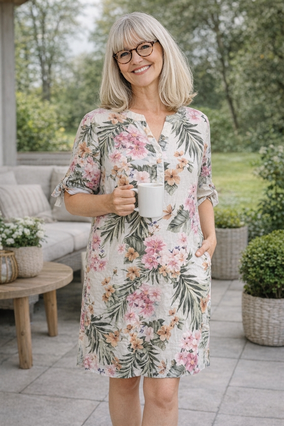 Lea H hørkjole / lang tunika i khaki og rosa mønster