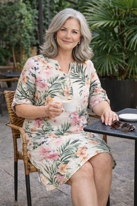 Lea H hørkjole / lang tunika i khaki og rosa mønster