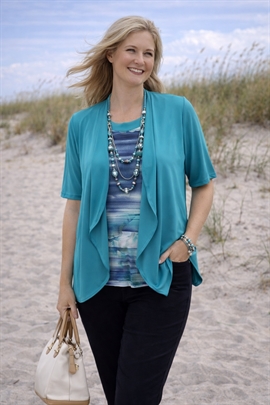 Kortærmet turkis snydecardigan