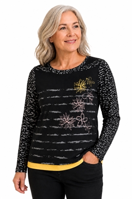 Micha T-shirt i sort og gul med blomstermotiv