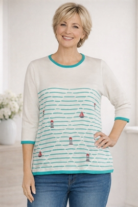 Mudflower Maritim strik i hvid med turkis striber