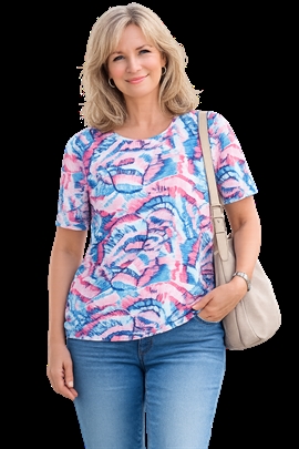 Flot T-shirt fra Sunday med elastik ved hoften i rosa og blå nuancer