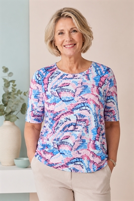 Flot T-shirt fra Sunday med elastik ved hoften i rosa og blå nuancer