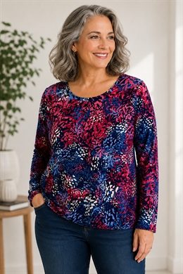 Marinello T-shirt dame i rødt og gråblåt småt mønster