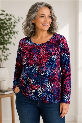 Marinello T-shirt dame i rødt og gråblåt småt mønster