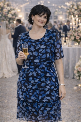 Brandtex festkjole chiffonstof i flotte blå farver.