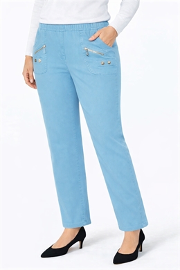 Pasform Pia - Blå bukser med stretch og elastik i livet