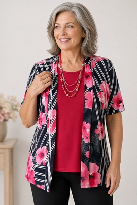 Kortærmet snyde cardigan med pink blomster motiv