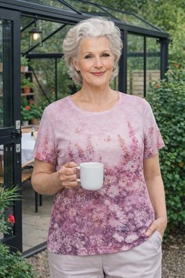 Mudflower T-shirt i lilla med små sten og blomster