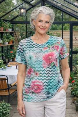 Mudflower T-shirt i turkis med pink blomster
