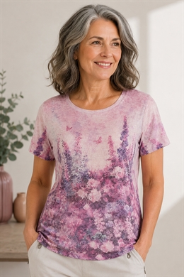 Modflower T-shirt i lyserød med små sten og blomster