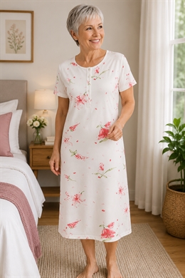 Lang natkjole med rosa blomster