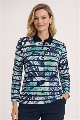 Polo skjorte bluse fra Brandtex i blå og grønt mønster